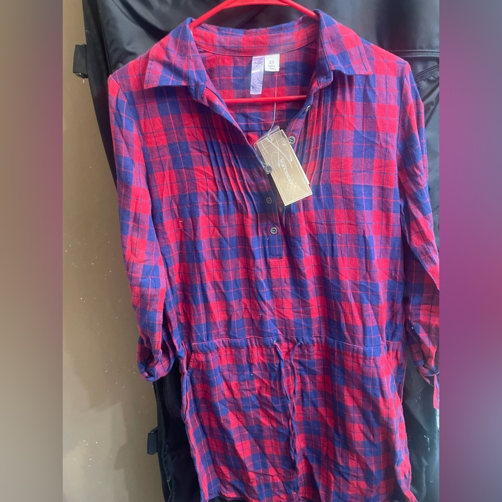 Francesca's Collections Red and Blue Checkered Shirt Dress